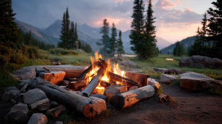 A cozy campfire crackles amidst lush greenery and towering mountains, creating an inviting atmosphere for evening gatherings in the wilderness.の素材
