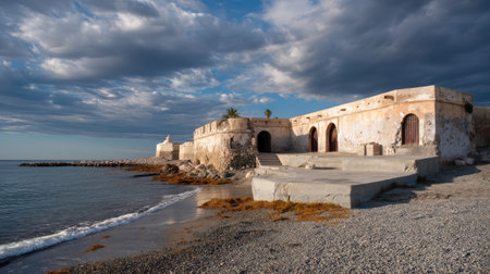 A stunning view of a historic coastal fortress at sunset, surrounded by calming waters and rocky beach scenery. Dramatic clouds add depth to the tranquil atmosphere.の素材