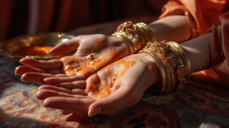 Close-up view of hands adorned with intricate bangles, showcasing bright colored powder, symbolizing cultural traditions and joyful celebrations.の素材