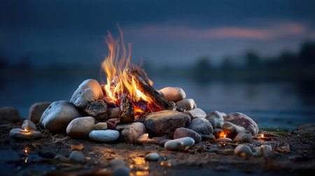 A serene view of a campfire with gentle flames flickering atop a pile of rocks, surrounded by a calm lake at dusk, creating a peaceful atmosphere for relaxation.の素材