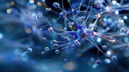 A stunning abstract representation showcasing neurons with vibrant blue and purple tones, creating a futuristic ambiance. Perfect for scientific themes.の素材