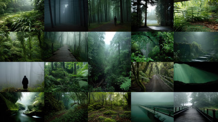 Explore a captivating collection of misty forests and verdant landscapes showcasing tranquil pathways and serene natural beauty, perfect for outdoor enthusiasts.の素材