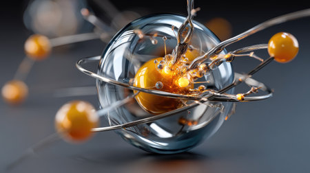 This abstract image showcases an intricate atomic structure with glowing particles and metallic orbits, illustrating the essence of energy and matter in science.の素材