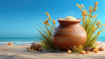 A stunning clay pot filled with rice grains, set against a backdrop of sandy beach and gentle waves, showcasing the harmony of nature and nourishment.の素材