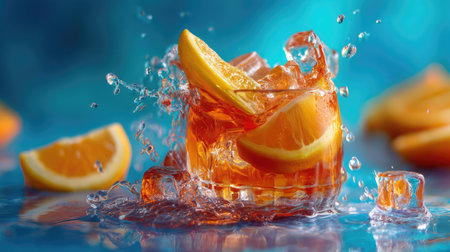 A vibrant image capturing a refreshing citrus cocktail filled with ice, featuring splashes of water and garnished with orange slices against a blue backdrop.の素材