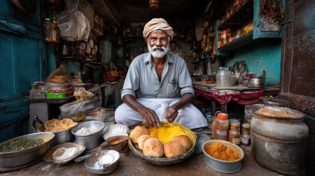 An elderly man skillfully prepares spices and traditional food amidst a colorful market scene, reflecting rich culinary heritage and vibrant culture.の素材