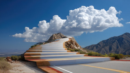 This surreal image features a unique road that transforms into colorful stairs ascending a mountain, framed by a bright blue sky with fluffy clouds.の素材