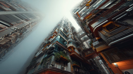 A captivating perspective of towering urban buildings enveloped in mist, showcasing a unique blend of architecture and urban nature, perfect for city lovers.の素材