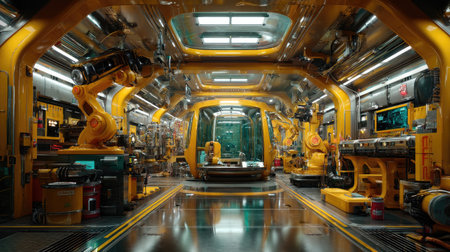 A vibrant and futuristic robotic manufacturing facility featuring sleek yellow designs, advanced automation, and innovative machinery. Perfect for showcasing automation in industry.の素材