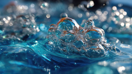 This captivating close-up image showcases bubbles rising in clear blue water, creating a serene and refreshing atmosphere. The sparkling effects and soft focus enhance the vibrant beauty of the aquatic scene, perfect for illustrating themes of relaxation and nature.の素材