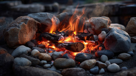 A captivating campfire scene features vibrant flames crackling amidst a circle of stones and pebbles, creating a soothing atmosphere ideal for relaxation and gatherings.の素材