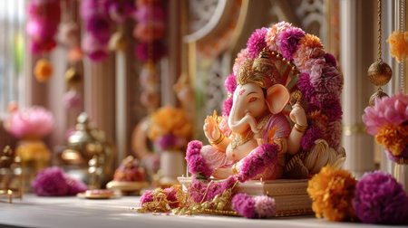 A beautifully crafted Ganesh statue adorned with vibrant flowers creates a serene atmosphere, perfect for festive celebrations and spiritual gatherings.の素材