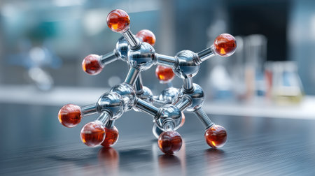 High-quality visualization of a molecular structure model showcasing shiny metallic atoms and vibrant spheres in a laboratory backdrop. Ideal for educational materials.の素材