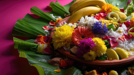A striking arrangement featuring a blend of colorful flowers, fresh fruits, and aromatic rice set on green leaves, creating a festive and vibrant atmosphere.の素材