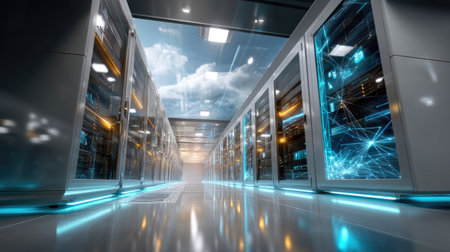 A stunning view of a futuristic data center featuring high-tech servers with glowing pathways, enhanced by a dramatic cloudy sky above, symbolizing innovation.の素材
