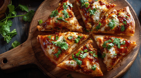 A mouth-watering image of a pizza slice topped with melted cheese and fresh herbs on a rustic wooden board, perfect for food lovers and culinary enthusiasts.の素材