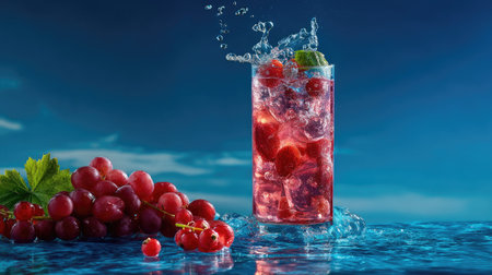 A vibrant berry cocktail splashes in a clear glass, surrounded by fresh grapes on a blue background, showcasing a refreshing and colorful drink.の素材