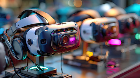 This image showcases a series of advanced virtual reality headsets prominently displayed at a technology showcase, highlighting modern design and interactive elements.の素材