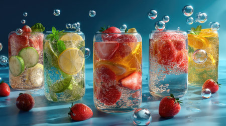 A stunning display of five sparkling drinks, each infused with fresh fruits and garnished for a visually appealing presentation, perfect for summer gatherings.の素材