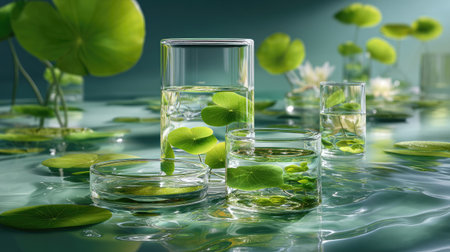 This tranquil image captures glass vessels filled with water and green lily pads, surrounded by a calm, reflective surface, evoking peace and serenity.の素材