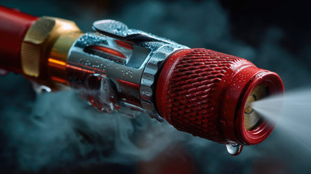 Close-up macro image of a fire hose nozzle showing intricate details. The vibrant red color contrasts with clear water droplets, highlighting functionality.の素材