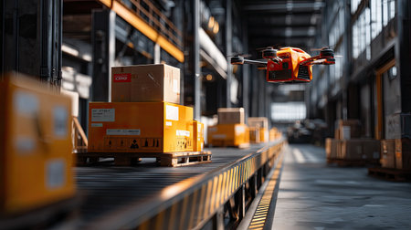 A dynamic indoor warehouse environment showcasing a bright orange drone in flight, delivering packages, emphasizing modern logistics and technology.の素材