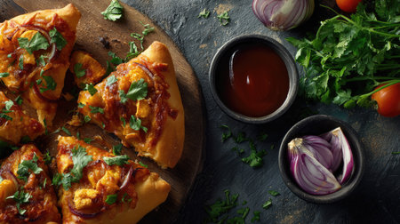 This enticing image features a gourmet pizza topped with fresh herbs, onions, and cheese, perfectly presented on a wooden board with a dipping sauce.の素材