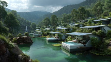 Explore a tranquil eco-resort nestled in lush greenery, surrounded by serene water features and stunning mountain landscapes, perfect for relaxation.の素材