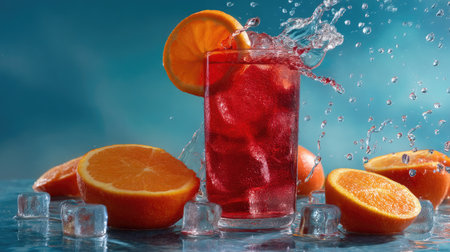 A vibrant glass of refreshing citrus drink showcases orange slices and ice cubes with a dynamic splash, perfect for summer enjoyment and hydration.の素材