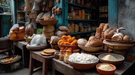 A picturesque marketplace scene showcasing an array of rustic breads, vibrant spices, and traditional ingredients displayed on wooden tables, reflecting local culture.の素材