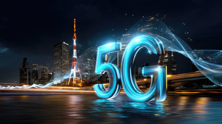 This dynamic image showcases the concept of 5G technology illuminated in a vibrant urban landscape, emphasizing innovation and modern connectivity.の素材