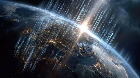 Stunning view of Earth at sunrise showcasing a blend of urban lights and digital data streams, symbolizing modern technology and innovation in a global context.の素材