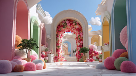 This vibrant and imaginative space features soft textures, playful shapes, and colorful spheres, creating a joyful and inviting atmosphere filled with light.の素材