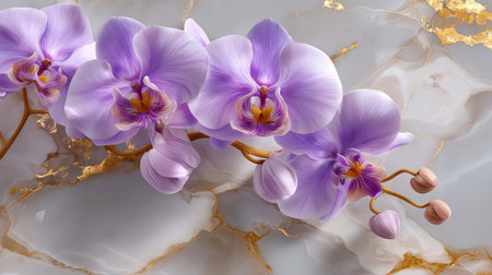 A stunning close-up of a blooming purple orchid on a glossy marble background featuring golden veins, showcasing the beauty of nature and elegance.の素材