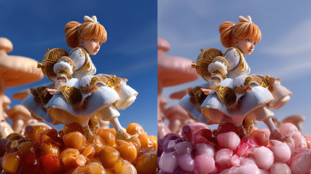 A captivating animated character stands atop a mound of colorful jelly and fruit in a dreamy dessert landscape, perfect for a whimsical fantasy theme.の素材