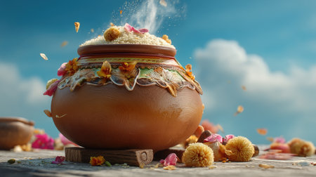 A visually stunning clay pot filled with vibrant ingredients and adorned with colorful flower petals, set against a serene blue sky and fluffy clouds.の素材