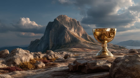 A striking golden trophy cup sits on a rocky surface, highlighting achievement against a backdrop of a majestic mountain under a dramatic sky.の素材
