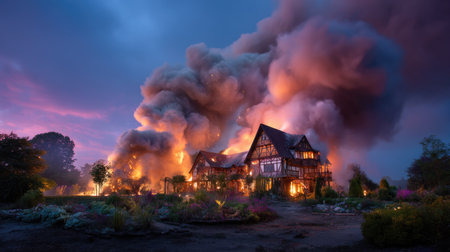 A dramatic scene of an old house in flames, surrounded by smoke, captured at dusk, showcasing the destructive beauty of fire and its impact on nature.の素材
