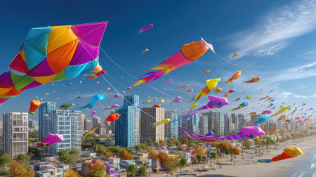 Brightly colored kites soar against a clear blue sky above a bustling city skyline, capturing the essence of joy and playful spirit during a sunny day.の素材