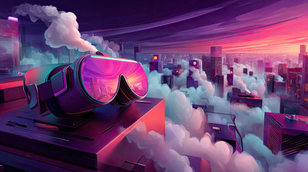 A vibrant scene featuring a virtual reality headset perched on a futuristic building, overlooking a colorful city skyline at sunset surrounded by vapor clouds.の素材