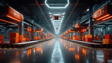 A sleek and modern warehouse scene featuring a drone in flight among orange packages, showcasing advanced automation technology in logistics.の素材