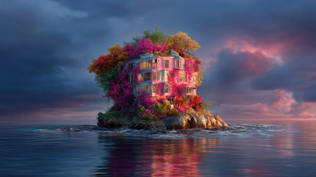 A stunning house sits on a small island, beautifully adorned with colorful trees reflecting the vibrant hues of sunset over calm waters.の素材