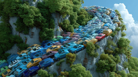 A captivating image showcasing a traffic jam of colorful cars on a winding mountain road, surrounded by lush greenery and a bright blue sky with fluffy clouds.の素材