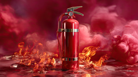 A striking red fire extinguisher stands confidently amidst vivid flames and colorful smoke, symbolizing fire safety and emergency preparedness in various scenarios.の素材