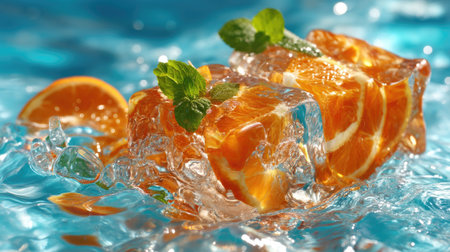 This vibrant image features refreshing ice cubes filled with juicy orange slices and garnished with mint leaves, perfectly captured in clear water.の素材