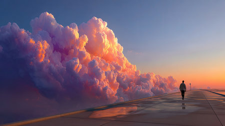 A solitary figure walks along a tranquil pathway, surrounded by vibrant clouds at sunset, exuding a sense of peace and exploration. The scene captures the beauty of nature's colors and evokes feelings of serenity and inspiration.の素材