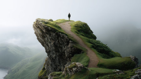 A lone figure stands atop a rugged outcrop, overlooking a misty landscape filled with rolling green hills. The scene evokes feelings of tranquility and exploration.の素材