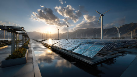 A serene landscape featuring solar panels and wind turbines silhouetted against a vibrant sunset. The scene showcases renewable energy in harmony with nature.の素材