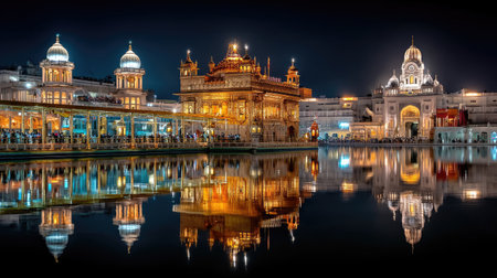 Experience the mesmerizing beauty of the Golden Temple in Amritsar at night, with stunning reflections on the water creating a tranquil and spiritual atmosphere.の素材