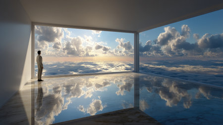 A tranquil scene depicting a man standing in a modern room, gazing at a stunning cloud-filled sky beyond expansive windows, inviting reflection and peace.の素材
